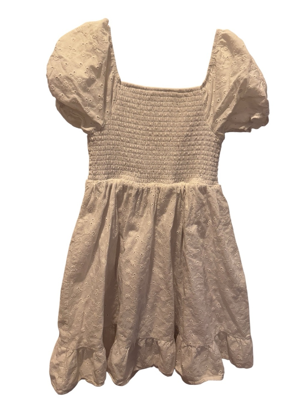 Aqua White Eyelet Smocked Puff-Sleeve Dress